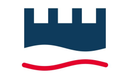 Emblema blu a forma di castello sopra una linea ondulata rossa su sfondo bianco.