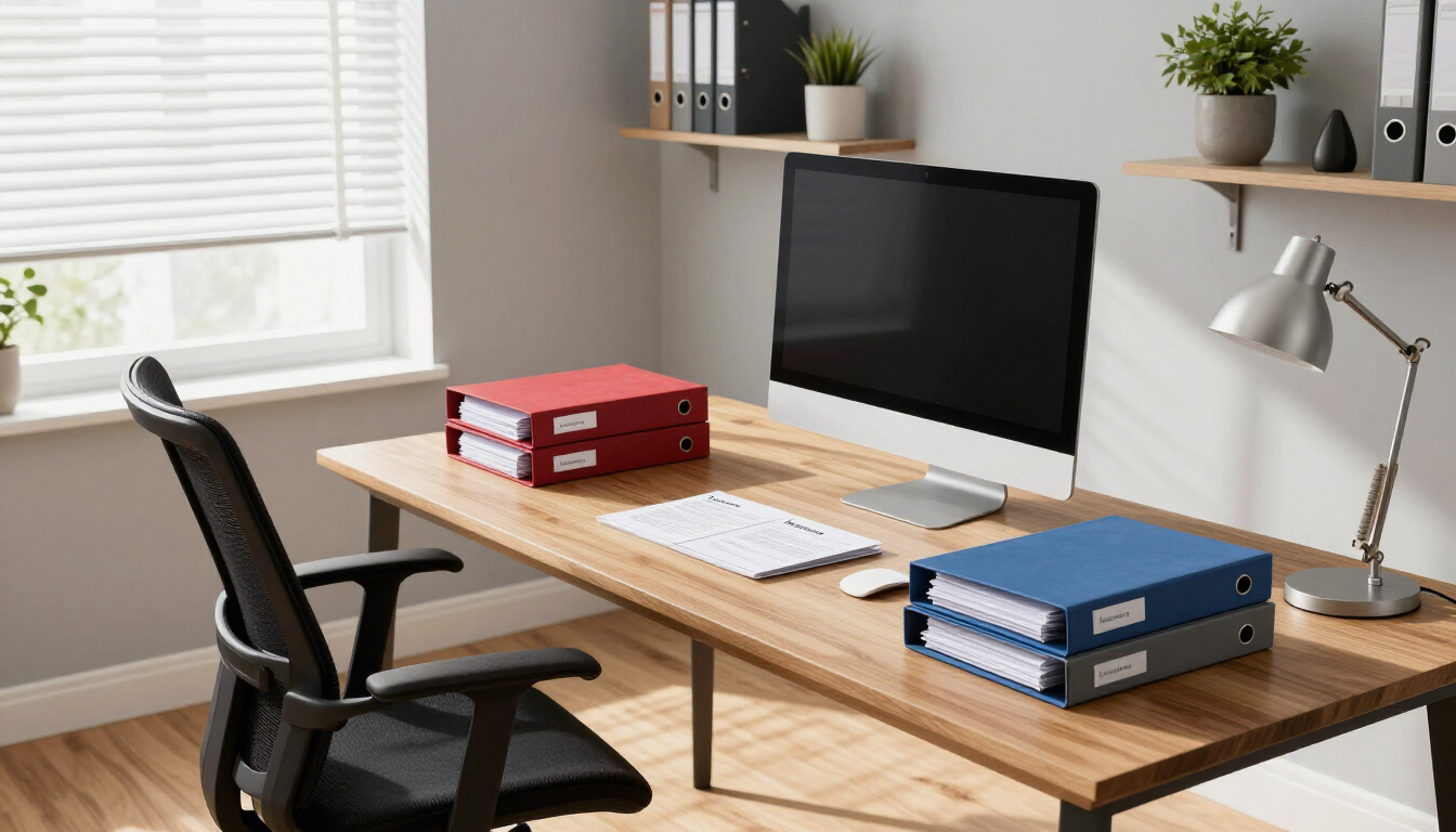 Organized home insurance folder on a table.
