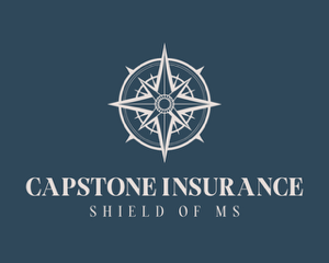Capstone Insurance logo with compass emblem on dark blue background and the tagline “Shield of MS”