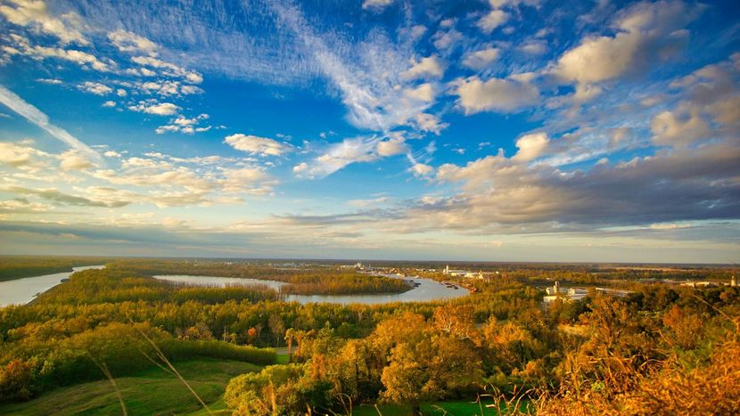 Autumn forest landscape with golden trees under a blue sky and clouds, seen from an elevated viewpoint