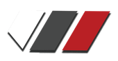Stylized logo with a white checkmark, gray parallelogram, and red parallelogram on a white background