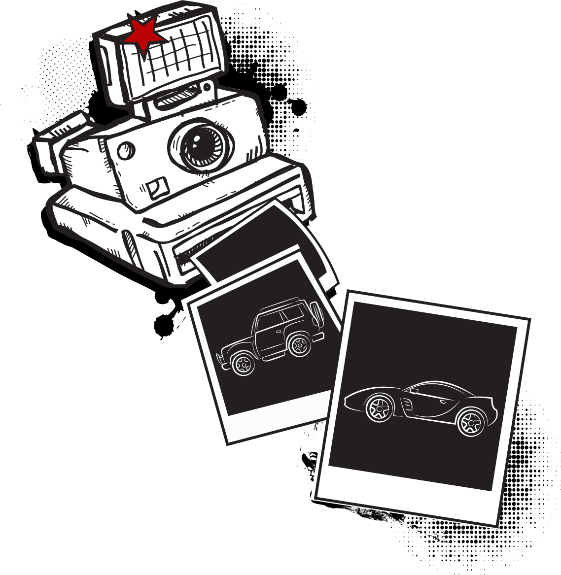 Vintage camera with two overlapping photo prints, one showing a car and a red star on top.