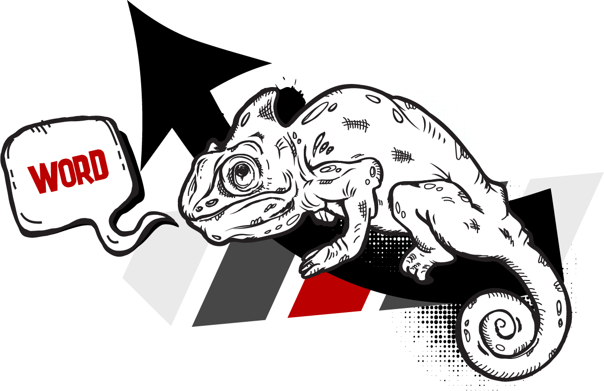 Cartoon chameleon beside a speech bubble reading “WORD,” with bold arrows and red accents