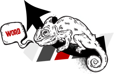 Cartoon chameleon with a speech bubble saying “WORD” and a large black arrow behind it
