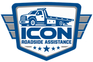 ICON Roadside Assistance logo with a blue tow truck and shield emblem, stars below