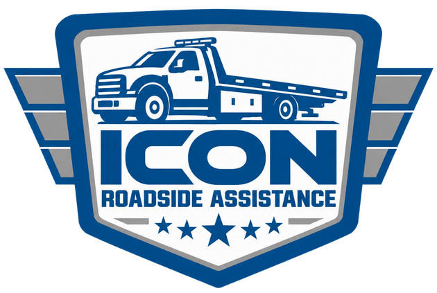 ICON Roadside Assistance logo with a blue tow truck and shield emblem, stars below