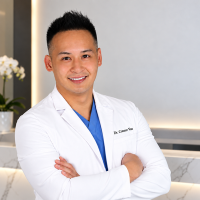 Man in black scrubs with crossed arms, wearing dental loupes, in a modern, white-walled setting.