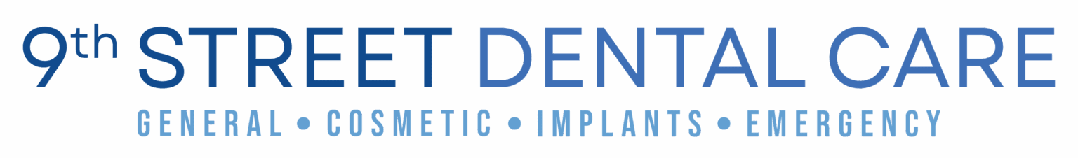 Logo for 9th Street Dental Care, featuring text in blue, listing dental services: General, Cosmetic, Implants, Emergency.
