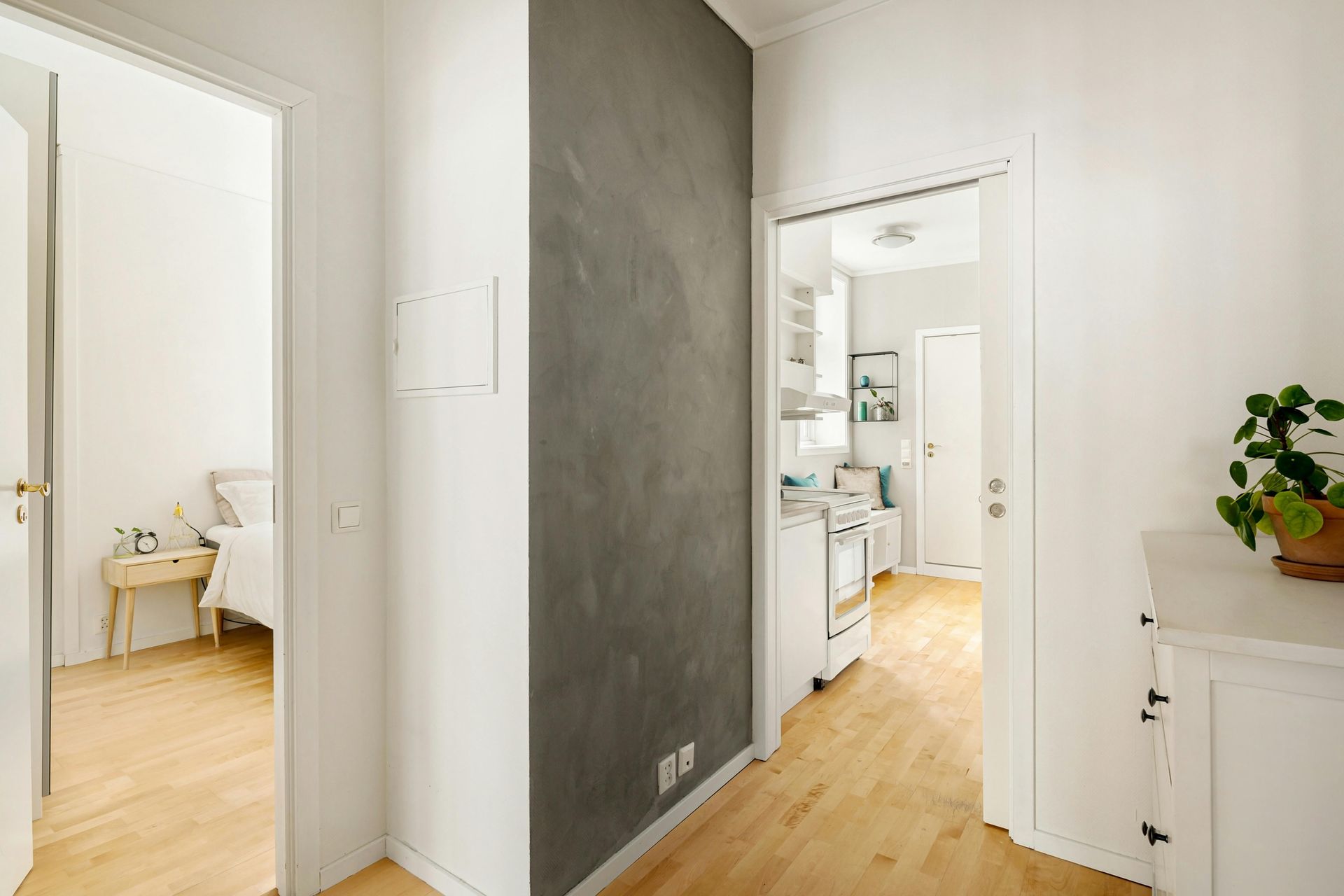 Bright residential hallway in Sierra Vista freshly painted with modern white and gray interior colors.