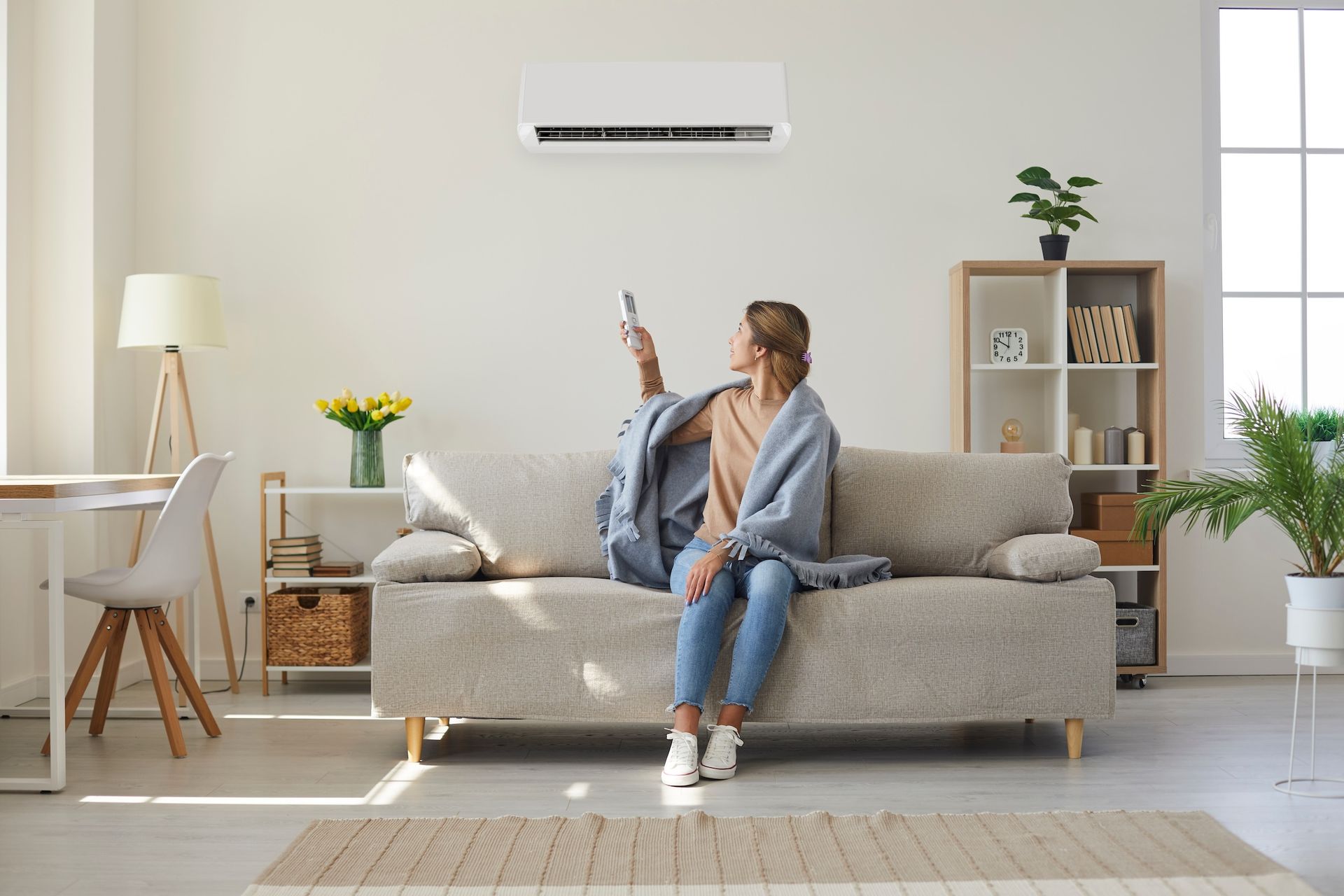 Woman On Couch Adjusting Air Conditioner With Remote In Bright Living Room — FrostyCo Air-Conditioning in Proserpine, QLD