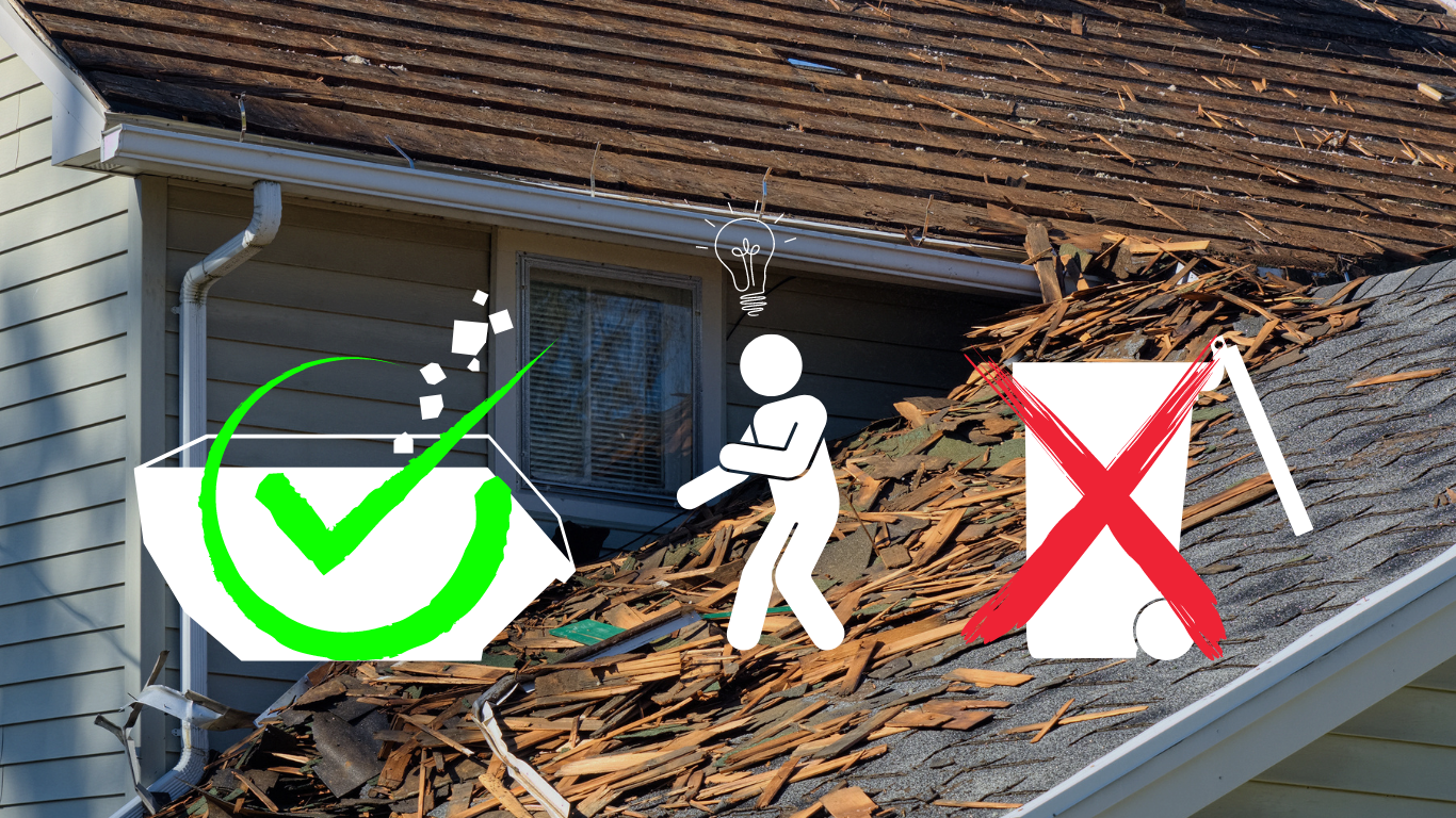 Image of a roof with damaged shingles being peeled off, alongside two graphic pictures of dumpsters.