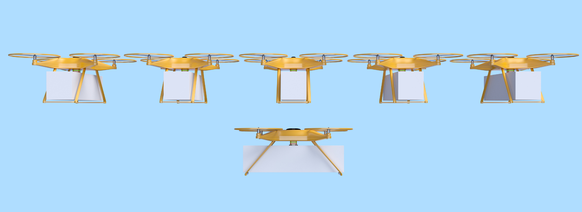 Five drones flying in formation, each carrying a package, symbolizing modern advancements in eviction processes.