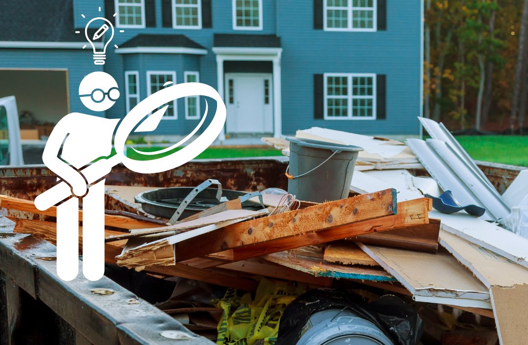 small cartoon character using a magnifying glass to look into dumpster