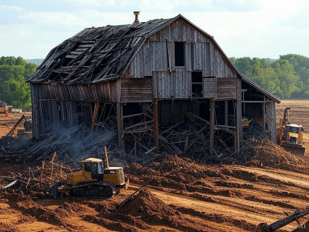 A yellow excavator is demolishing a building in a field.