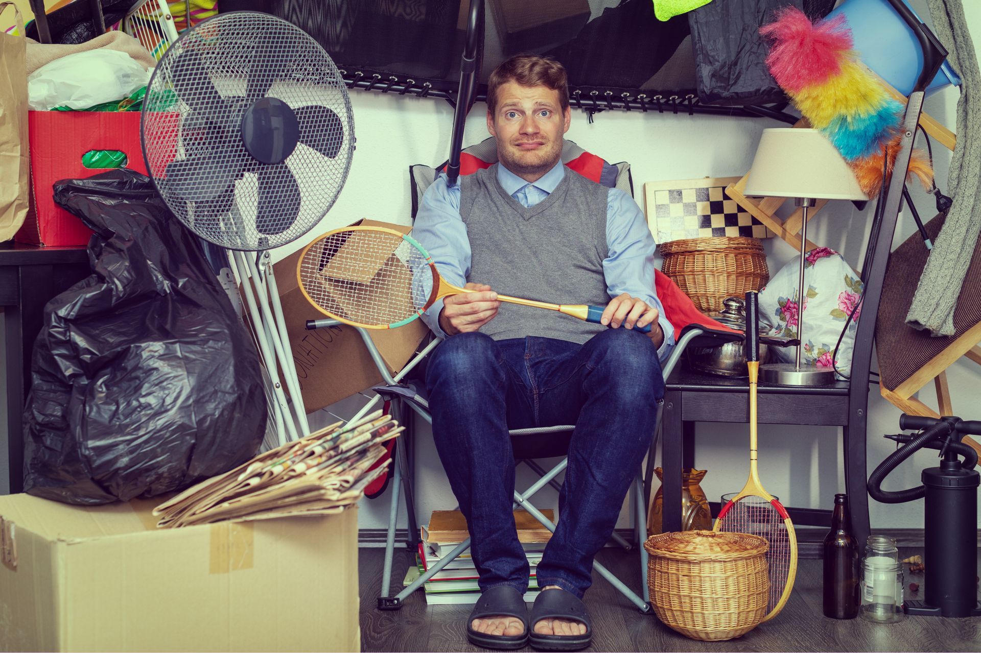 A man is sitting in a chair holding a badminton racket.
