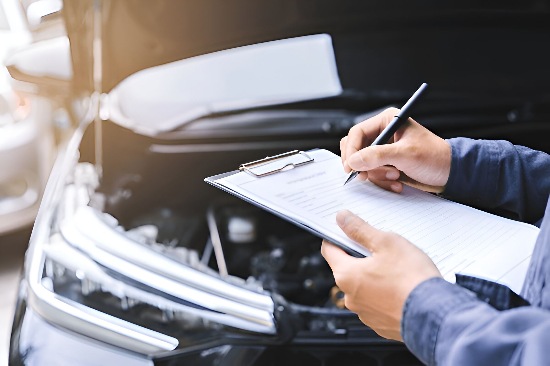 Mechanic Inspecting a Car Engine, Writing on Clipboard — M.L. Wray Towing & Automotive Repairs in Nowra, NSW