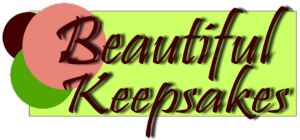 Beautiful Keepsakes logo with black script text over a red and green abstract background