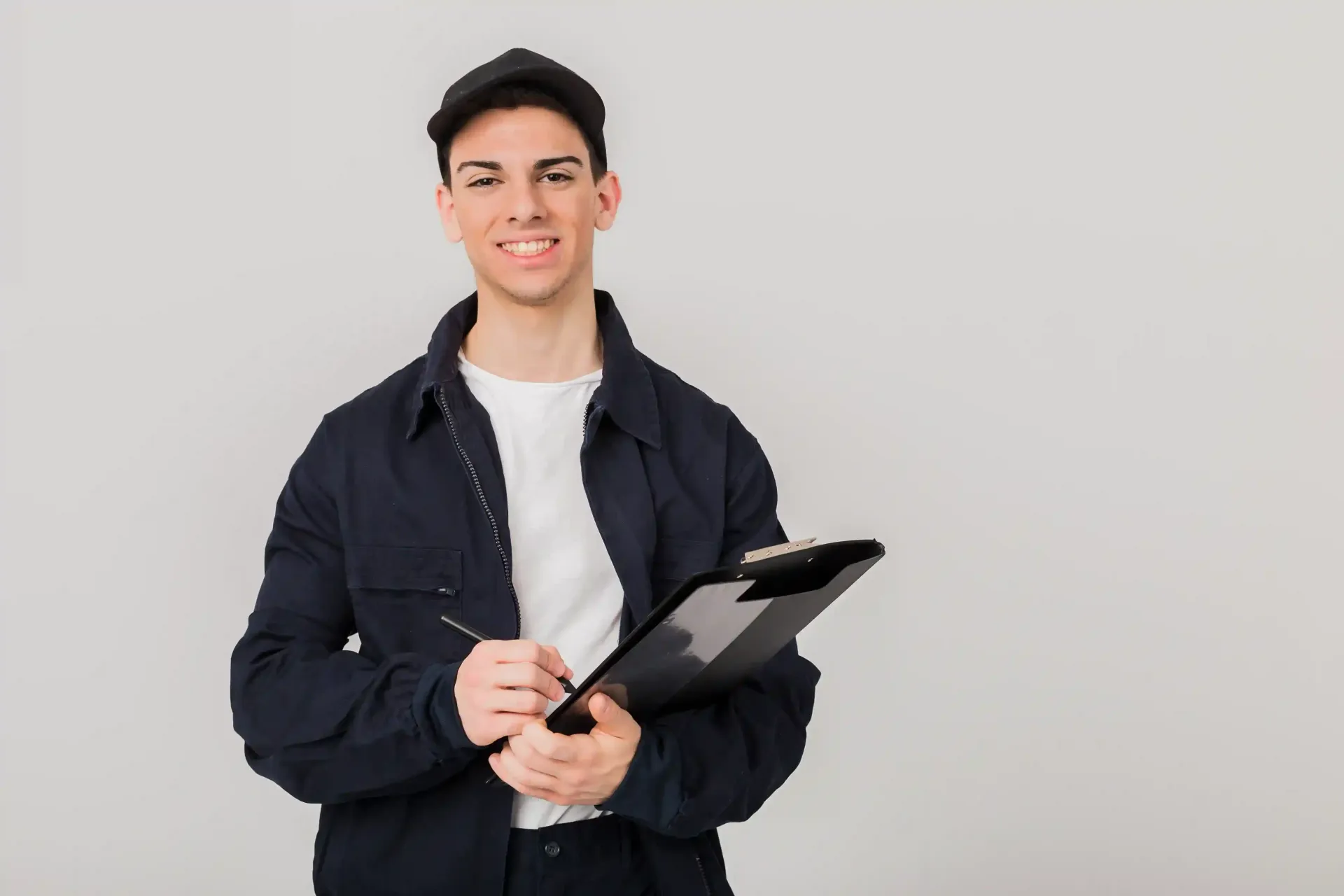 Person in dark blue uniform holds clipboard, smiles, against a gray background.