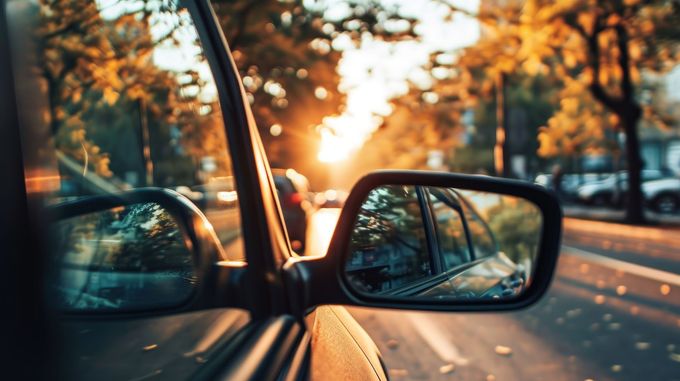Lo specchietto retrovisore di un'auto cattura il riflesso luminoso di un tramonto, con alberi e strada visibili nella luce dorata della sera.
