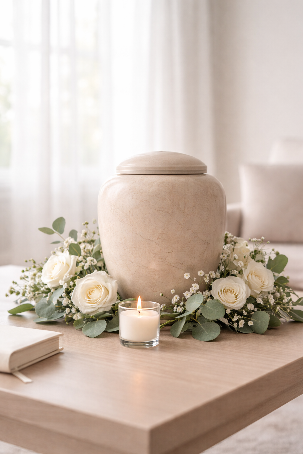Memorial table with simple urn, white flowers, and candle in soft natural light for cremation services in Augusta, ME