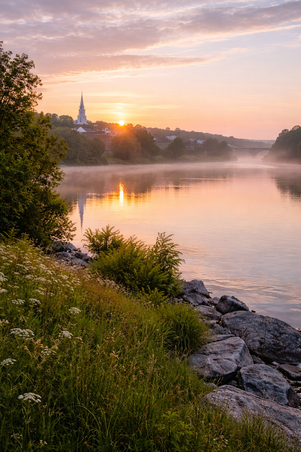 Serene sunrise over Kennebec River in Augusta ME