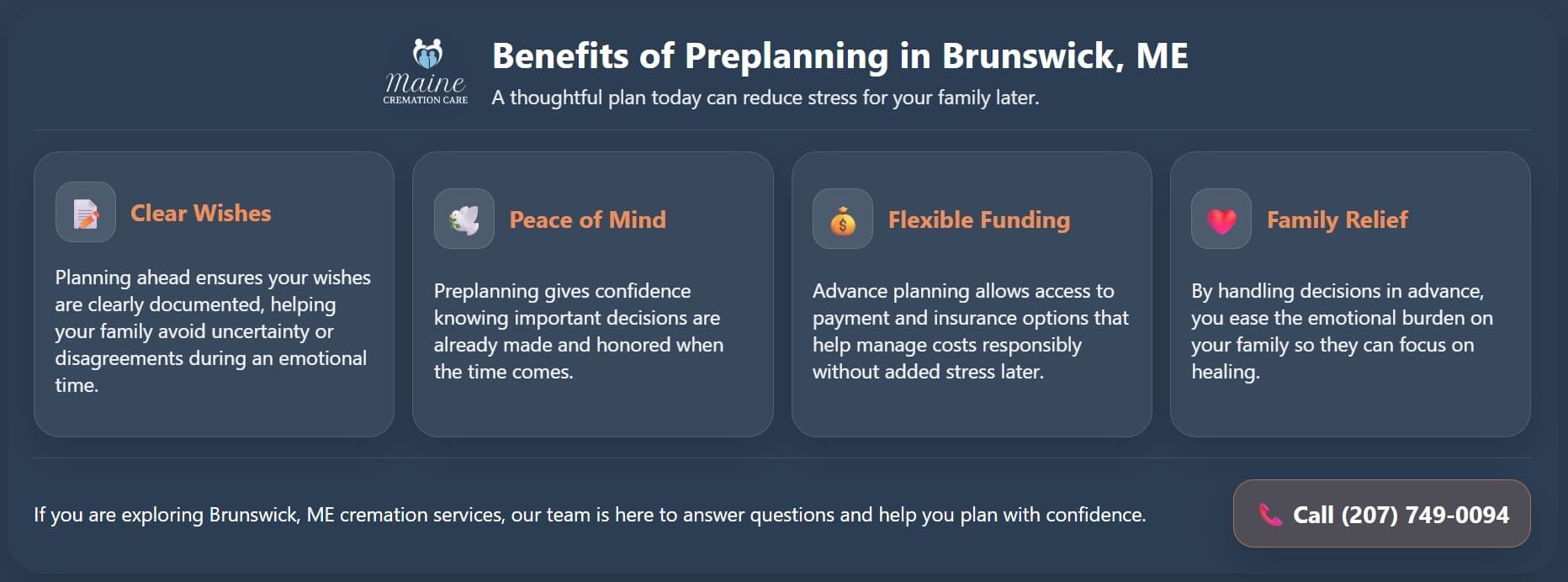 Infographic explaining preplanning benefits and Brunswick, ME cremation services for families