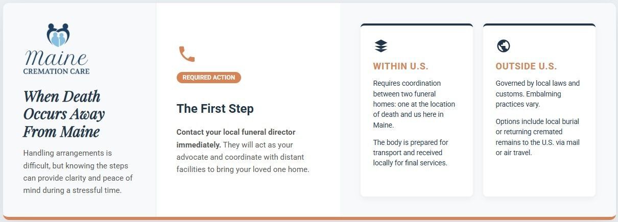 Guide explaining steps to follow when a death occurs away from Maine, offering support through Biddeford, ME cremation services