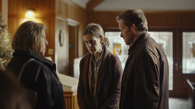 A grieving family speaking with a funeral director inside a warm, wood-paneled chapel supporting Biddeford, ME cremation services