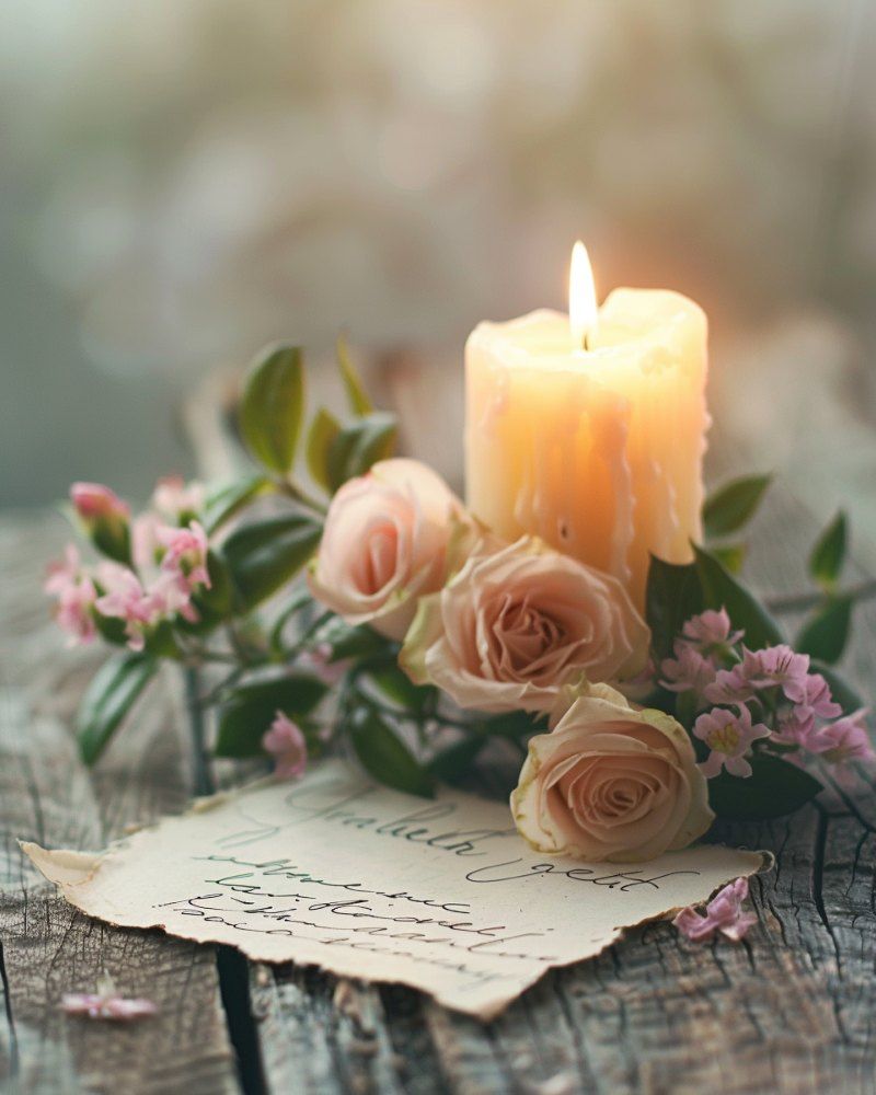 A lit candle with pastel roses and a handwritten note creates a peaceful memorial setting supporting Biddeford, ME cremation services