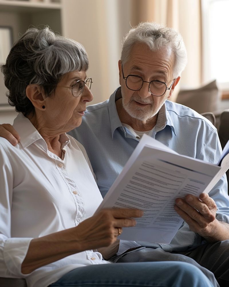 An elderly couple reviewing end-of-life documents together at home while considering Biddeford, ME funeral pre-planning options