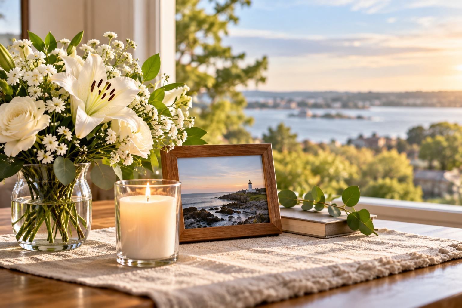 Compassionate cremation memorial with flowers and candle in Biddeford, ME
