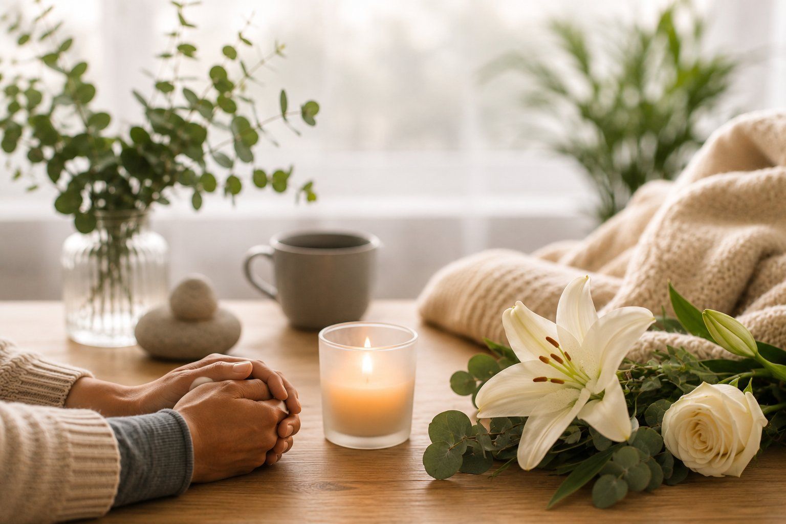 Compassionate grief support setting with comforting candle, flowers, and joined hands in Portland, M