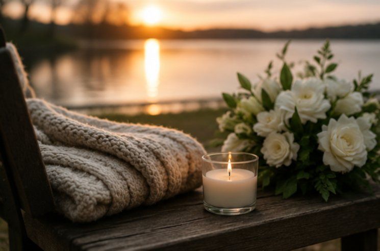 Cozy lakeside memorial scene with a lit candle, white flowers, and a knitted blanket at sunset, Augu