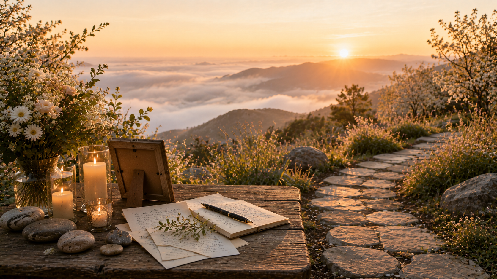 Mountain overlook with memorial candles and remembrance journal for cremation services in Lewiston, ME