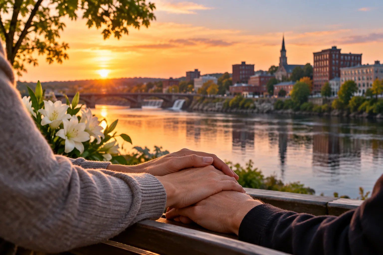 Supportive hands by a peaceful riverside at sunset in Lewiston, ME.