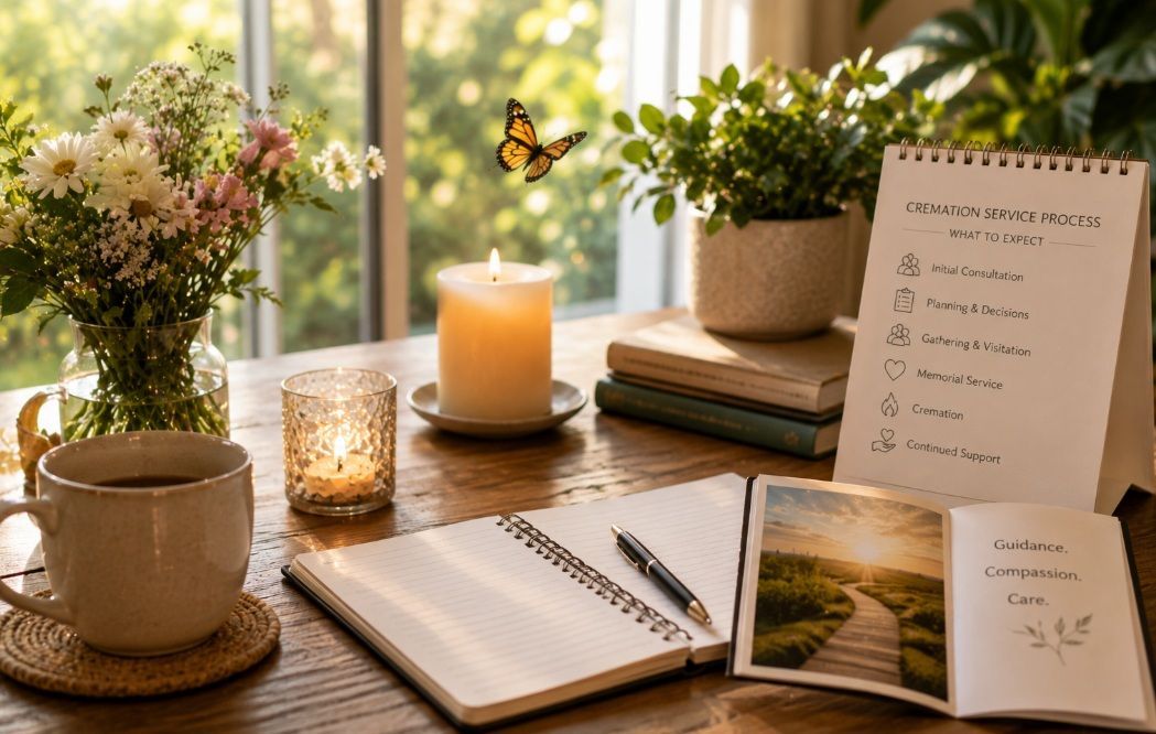 cremation services Lewiston, ME planning scene with flowers, candles, a notebook, calming décor, and warm natural window light