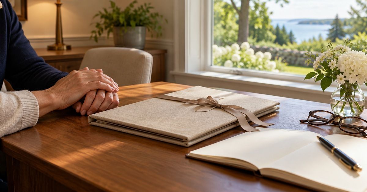 Hands resting beside a planning folder, notebook, and flowers in Lewiston ME