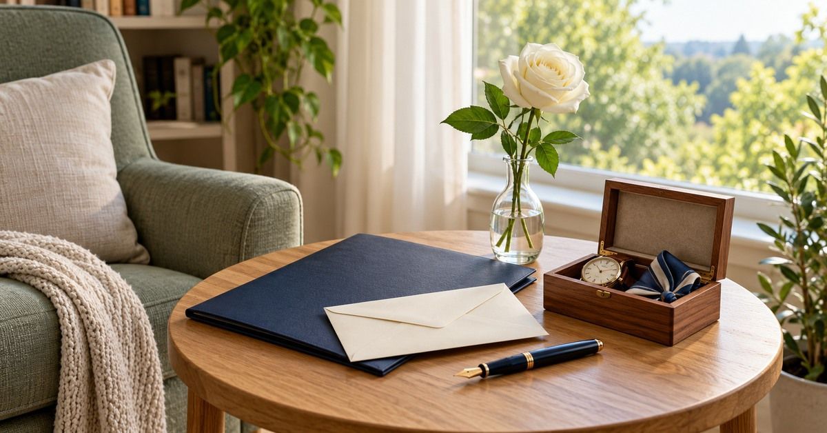 Planning folder, envelope, keepsake box, and white rose on a table in Lewiston ME