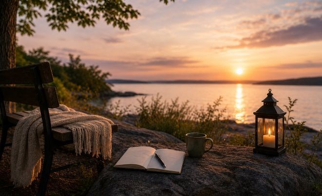 lakeside scene with a bench, journal, lantern, and sunset view, cremation services in Brunswick, ME