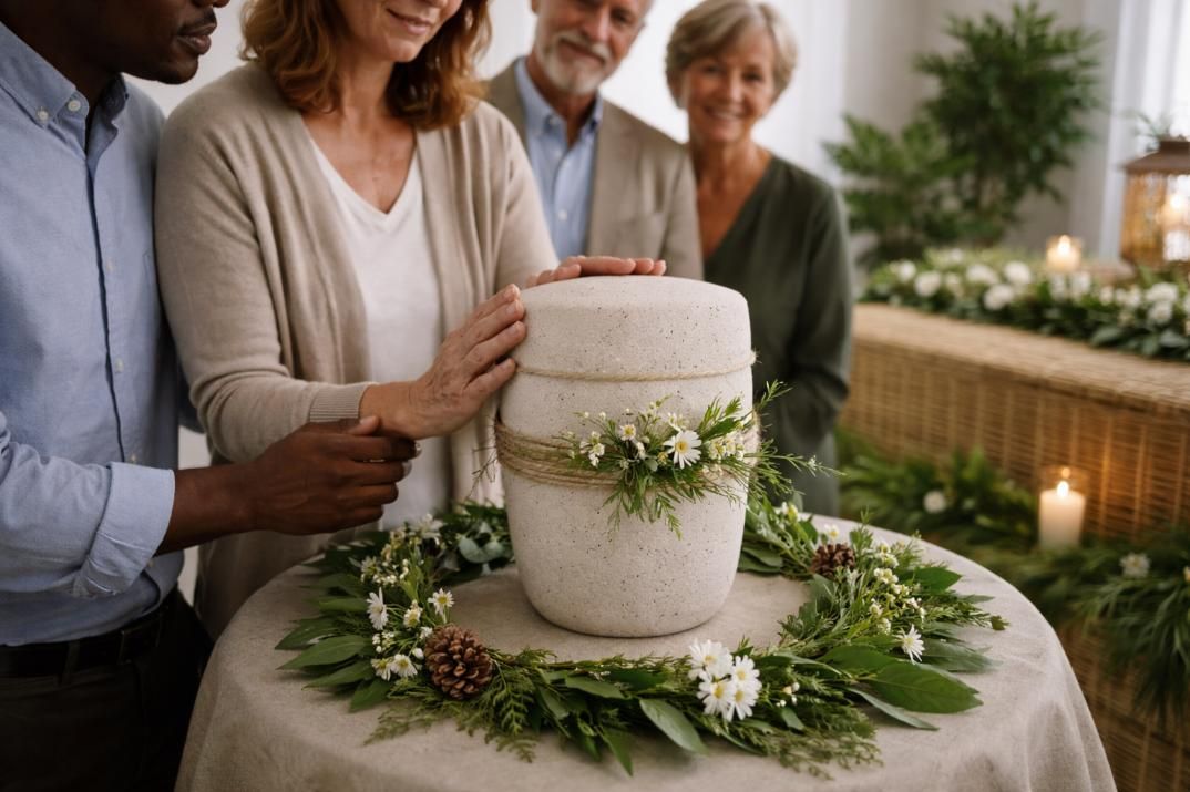 Family members gather around a decorative cremation urn adorned with flowers during a memorial service, reflecting compassionate remembrance and support through Lewiston, ME cremation services.