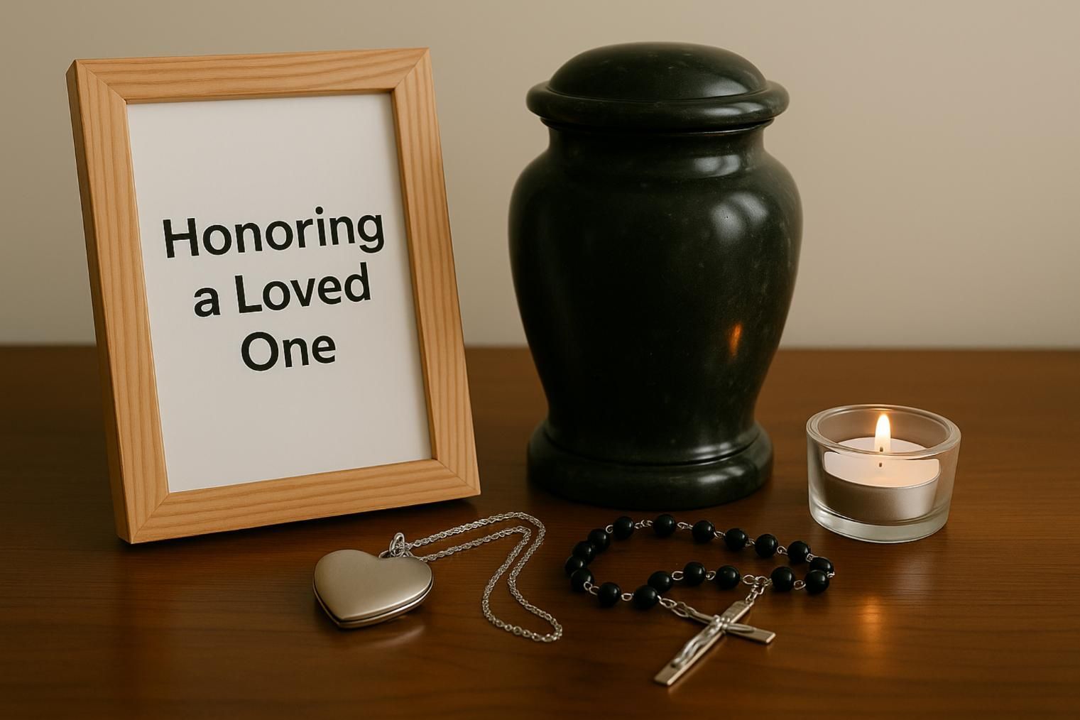 Memorial display with a framed message reading ‘Honoring a Loved One,’ a cremation urn, lit candle, and remembrance jewelry, symbolizing compassionate support and dignity through Lewiston, ME cremation services.