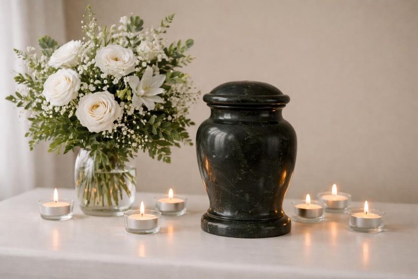 Memorial arrangement featuring a black urn, white floral bouquet, and lit candles on a table, representing dignified remembrance and compassionate support through Lewiston, ME cremation services.