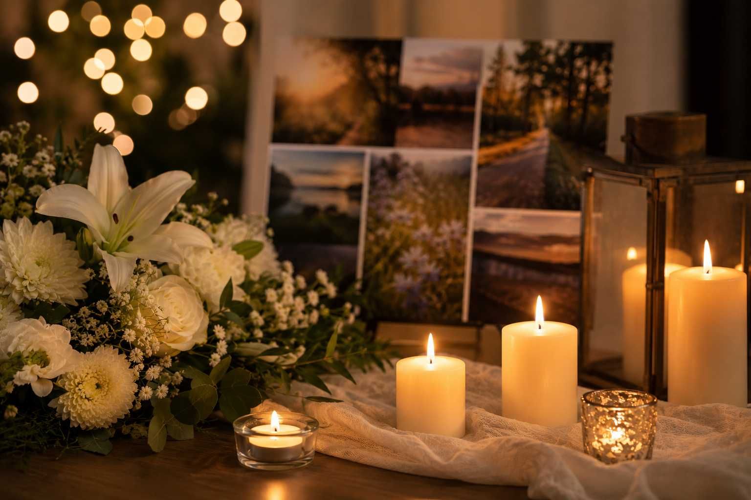 Memorial candles and white floral arrangement honoring loved ones with compassionate cremation services in Biddeford ME and peaceful family support.