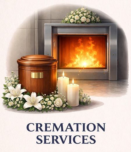 flowers, candles and urns symbolizing cremation services