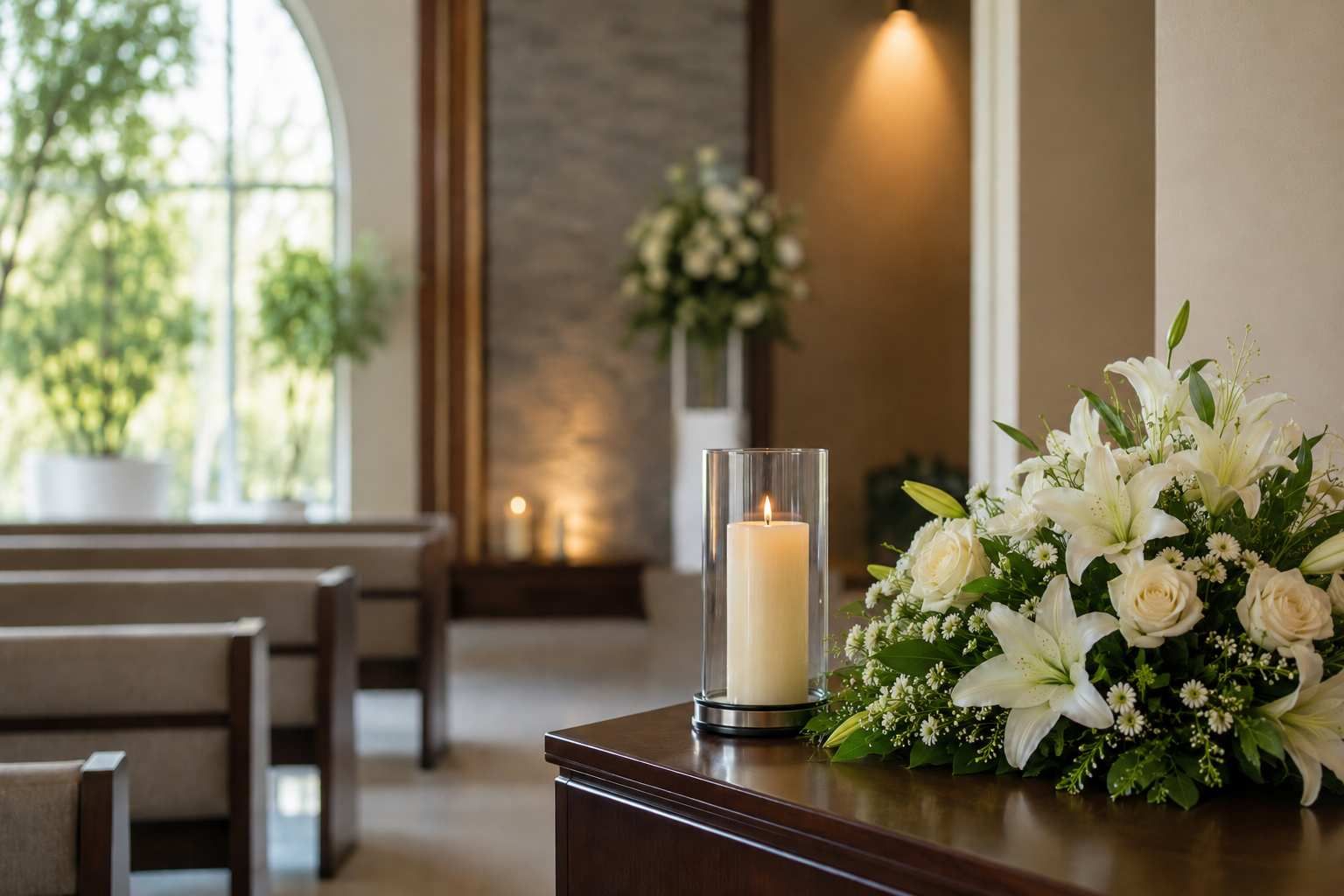 Peaceful funeral chapel with a memorial candle and white floral arrangement beside wooden pews