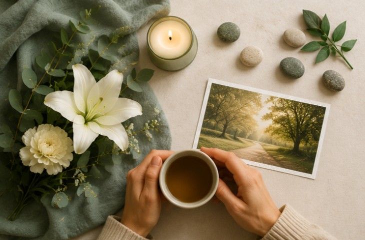 Peaceful memorial arrangement with a white lily, candle, photograph, and a warm cup of tea, Brunswic