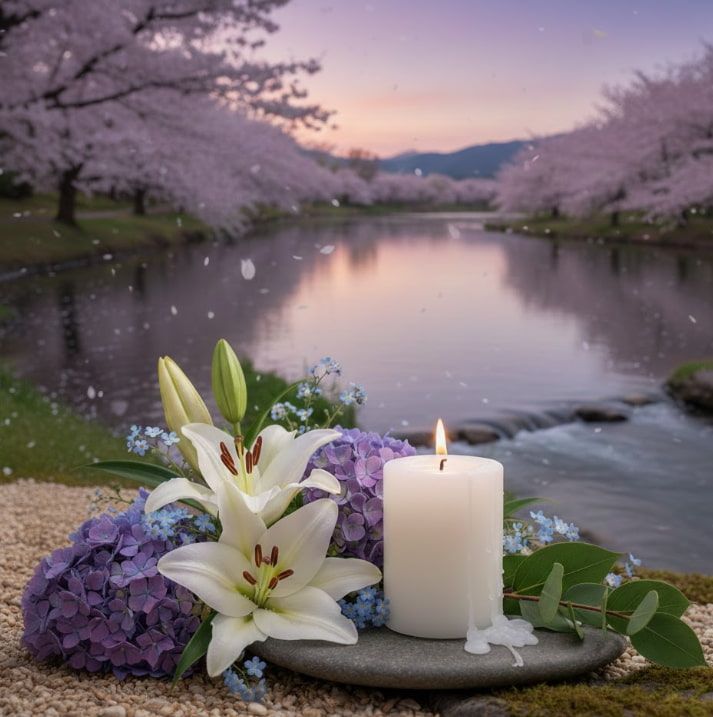 Peaceful memorial candle and flowers by river symbolizing Brunswick, ME cremation services