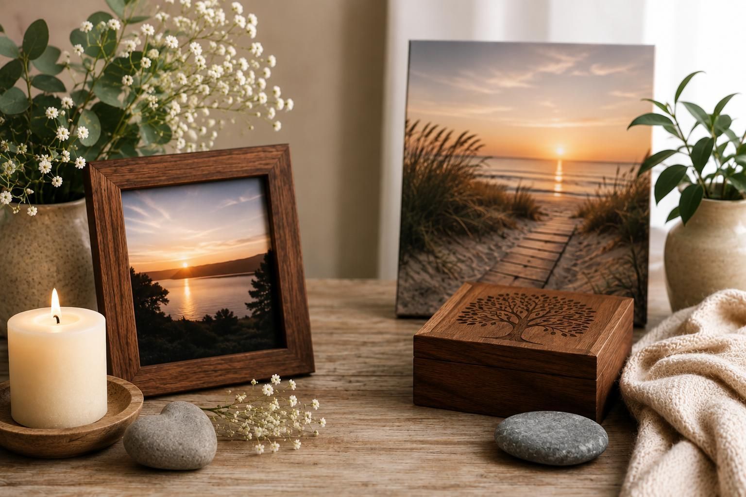 Personalized cremation memorial display with framed photos, keepsake box, candle, and flowers honori