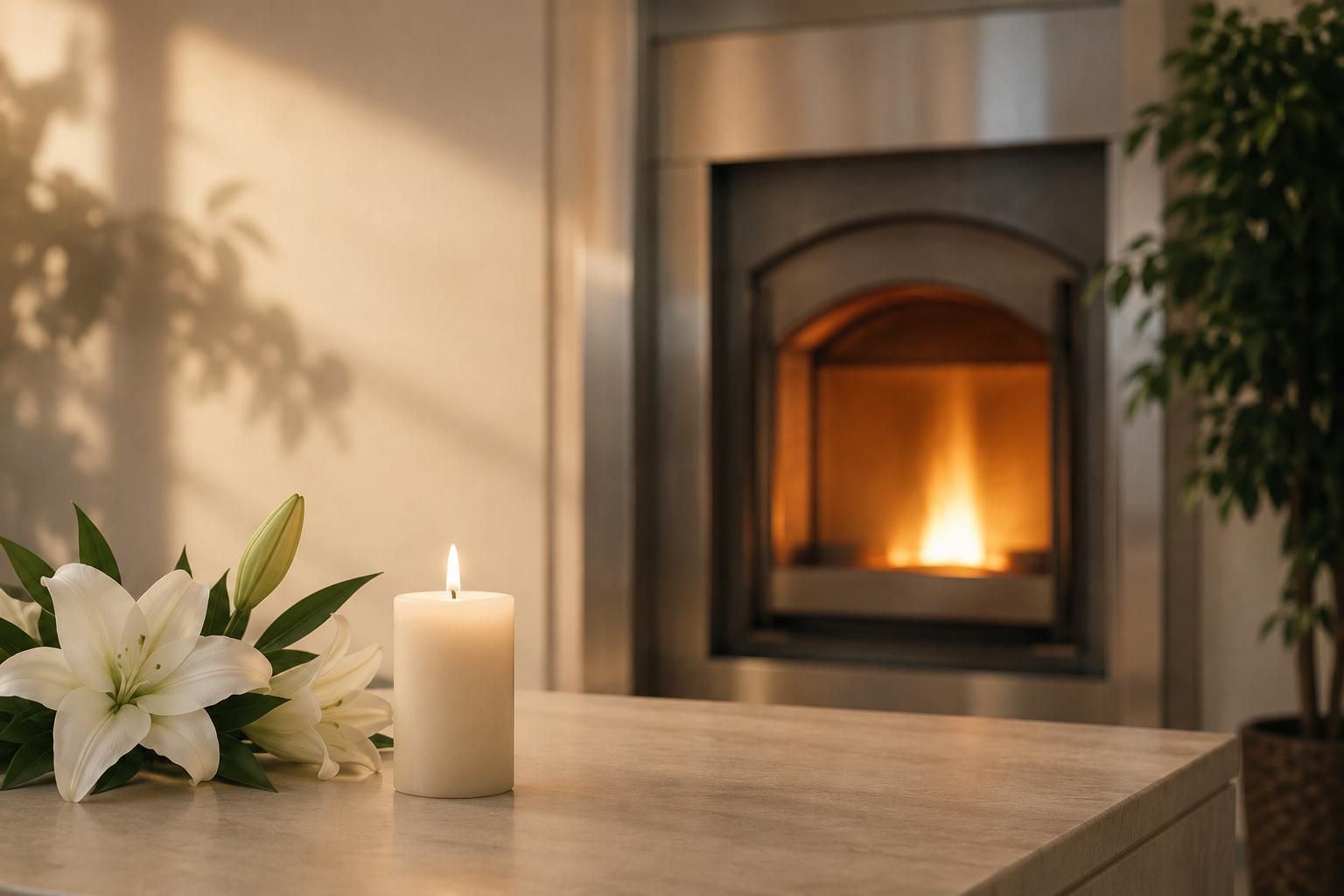 Serene candlelight and white lilies representing compassionate cremation services in Lewiston, ME wi