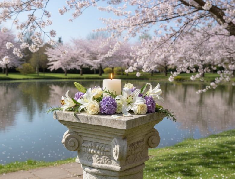 Serene lakeside memorial flowers symbolizing Brunswick, ME cremation services and remembrance
